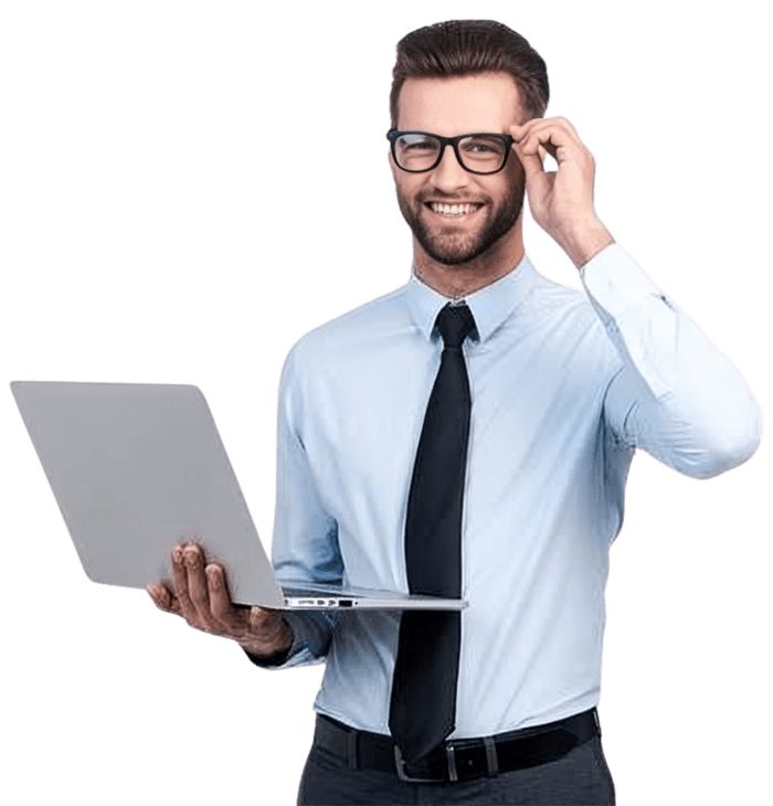 homme avc un ordiportable sur la main sur banier page d'aceuille