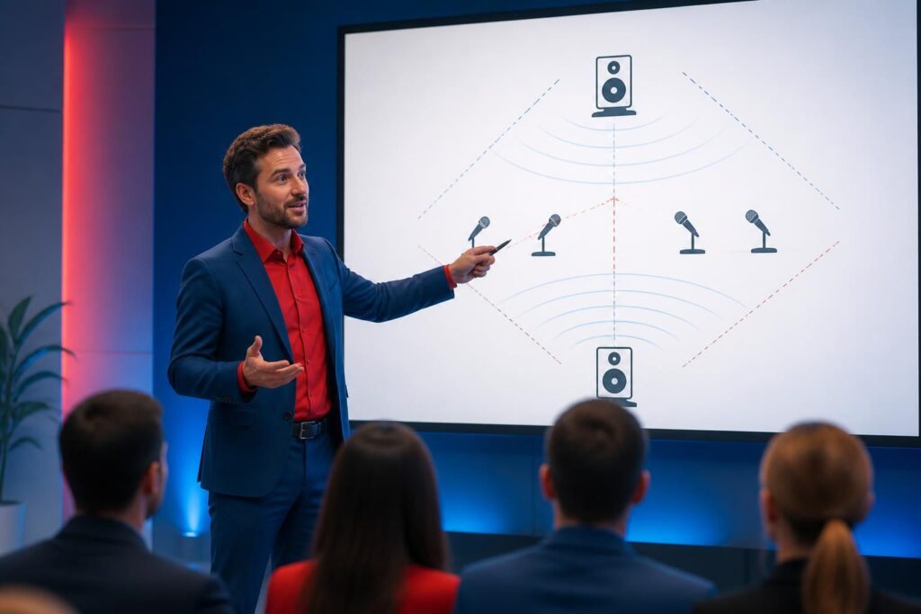 découvrez comment placer efficacement vos enceintes et micros grâce à un schéma simple qui fonctionne dans 90% des salles, lors de notre conférence spécialisée.