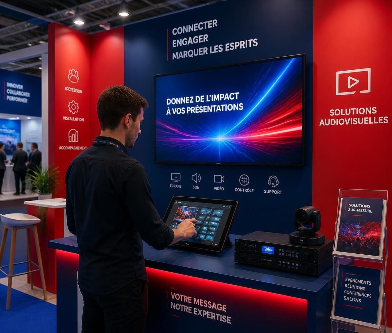 Matériel AV pour salon: la configuration stand qui attire sans agresser (son, écran, lumière) 1 découvrez notre matériel av idéal pour salon : une configuration stand élégante qui attire l'attention sans agresser, avec un son clair, un écran de qualité et un éclairage maîtrisé pour une expérience immersive.